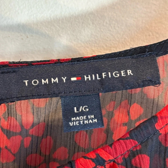 TOMMY HILFIGER Sz L Sheer Shell Puffy Sleeves Elastic Waist Midi Dress Shell - Picture 2 of 10